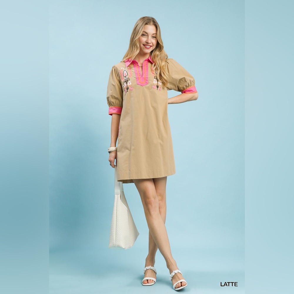 Umgee Embroidered Contrast Trim Tunic Dress | Latte Boho Cotton Dress🛍️